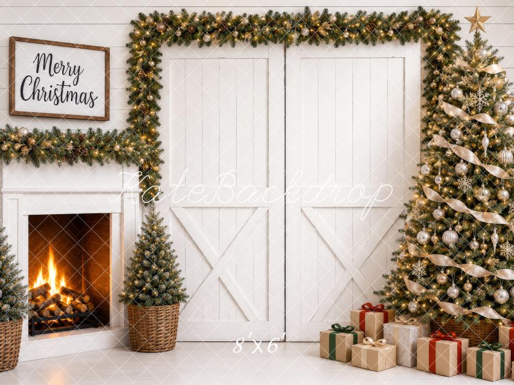 Kate Christmas White Barn Doors Fireplace Tree Gifts Printed Backdrop Designed by Shutter Swan Studios