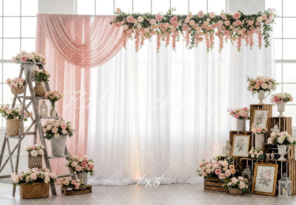 Kate Spring Flower Arch Ladder Crates Pink Roses Printed Backdrop Designed by Patty Roberts
