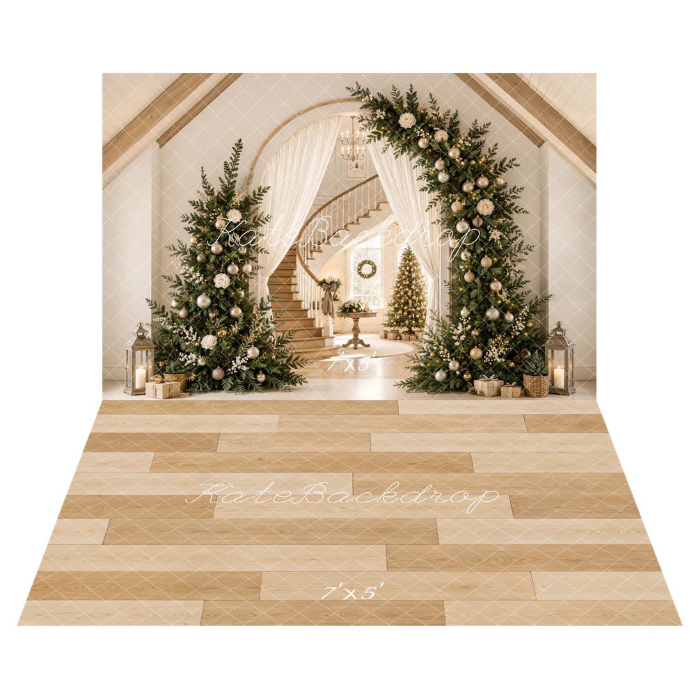Kate Christmas Tree Arch Staircase Entryway Cream Drapes Printed Backdrop+Beige Wood Plank Floor Printed Backdrop