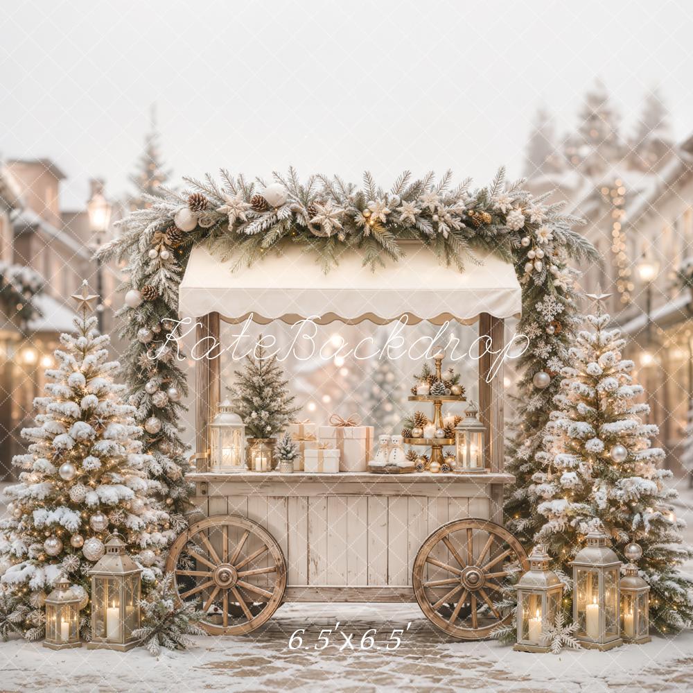 Kate Christmas Snowy Street Market Cart Trees Lanterns Printed Backdrop Designed by Emetselch