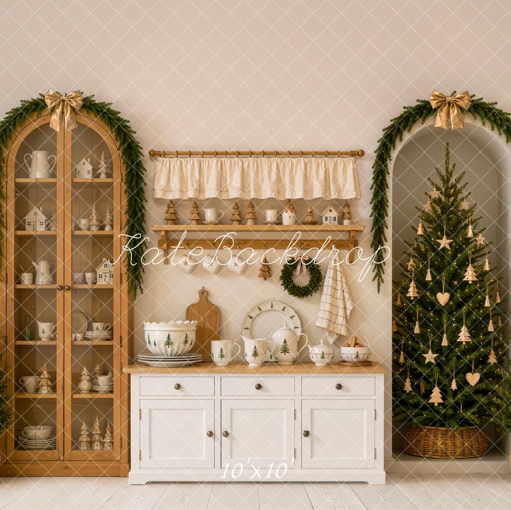 Kate Christmas Tree Modern Kitchen Cabinet Garland Gold Bow Printed Backdrop Designed by Emetselch