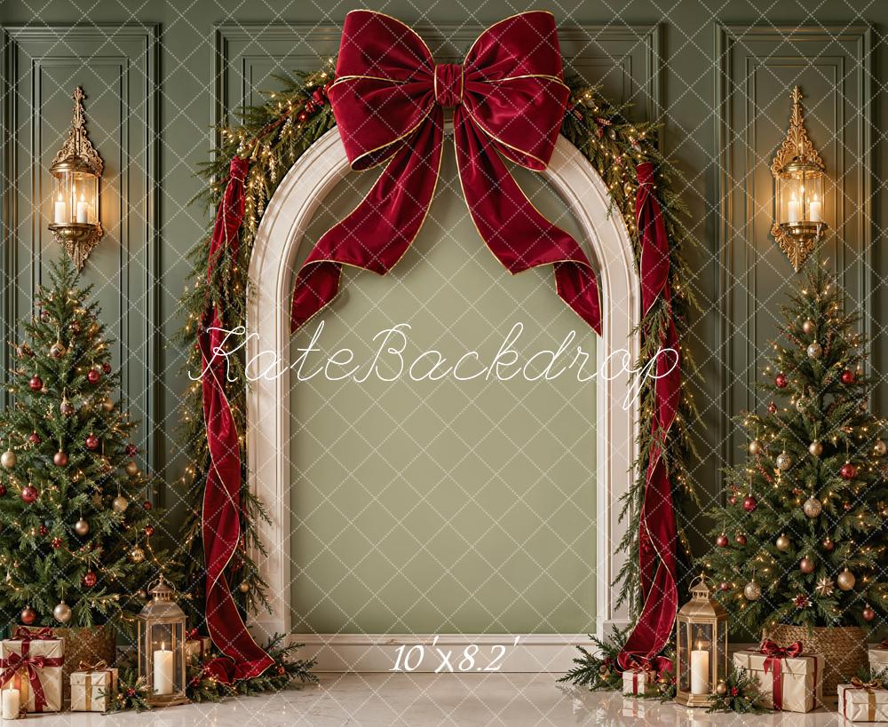 Kate Christmas Arch Red Bow Evergreen Trees Gifts Printed Backdrop Designed by Emetselch