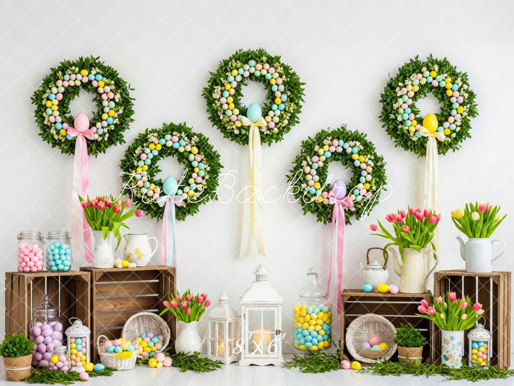 Kate Easter Wreath Pastel Eggs Tulips Crates Backdrop Designed by Patty Roberts