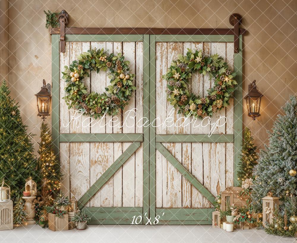 Kate Christmas Rustic Barn Door Wreath Green Backdrop Designed by Emetselch