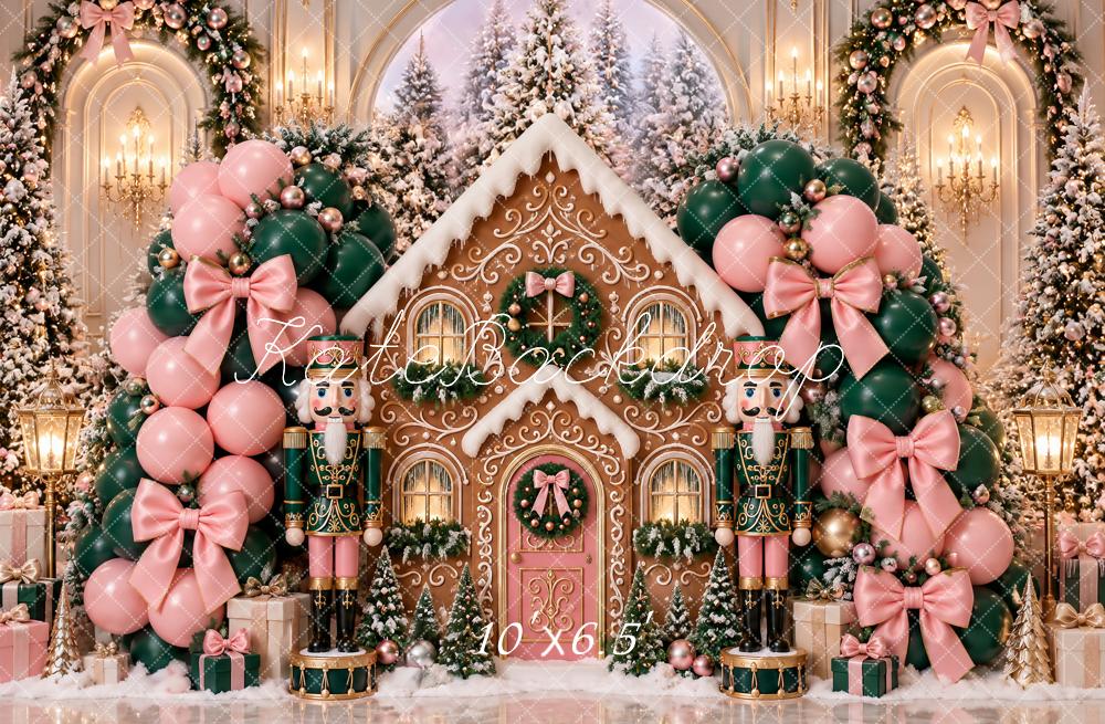 Kate Christmas Cake Smash Gingerbread House Nutcracker Balloon Pink Bow Printed Backdrop Designed by Ashley Paul