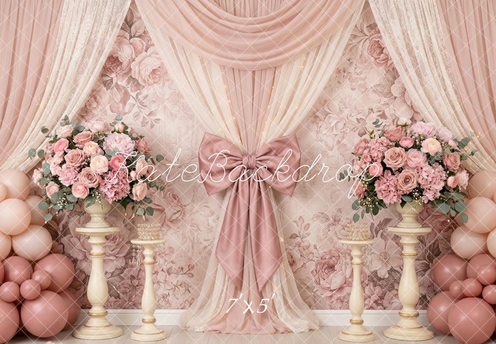 Kate Birthday Pink Floral Drapes Bow Balloons Printed Backdrop Designed by Patty Roberts