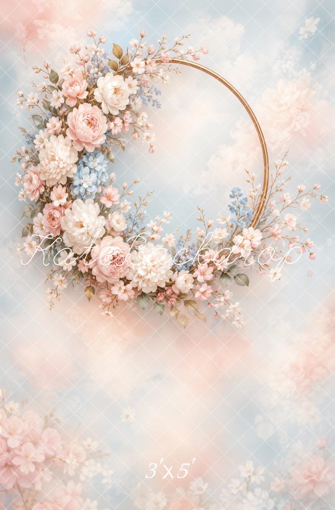 Kate Fine Art Floral Wreath Gold Hoop Clouds Printed Backdrop Designed by Emetselch