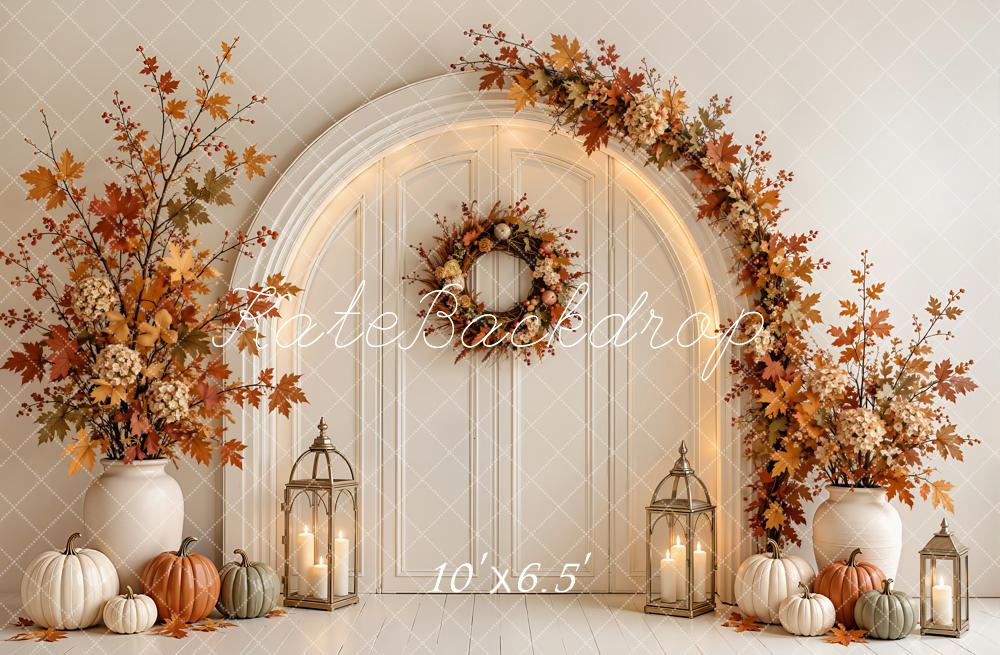 Kate Fall Beige Pumpkin Floral Arched Door Printed Backdrop Designed by Emetselch