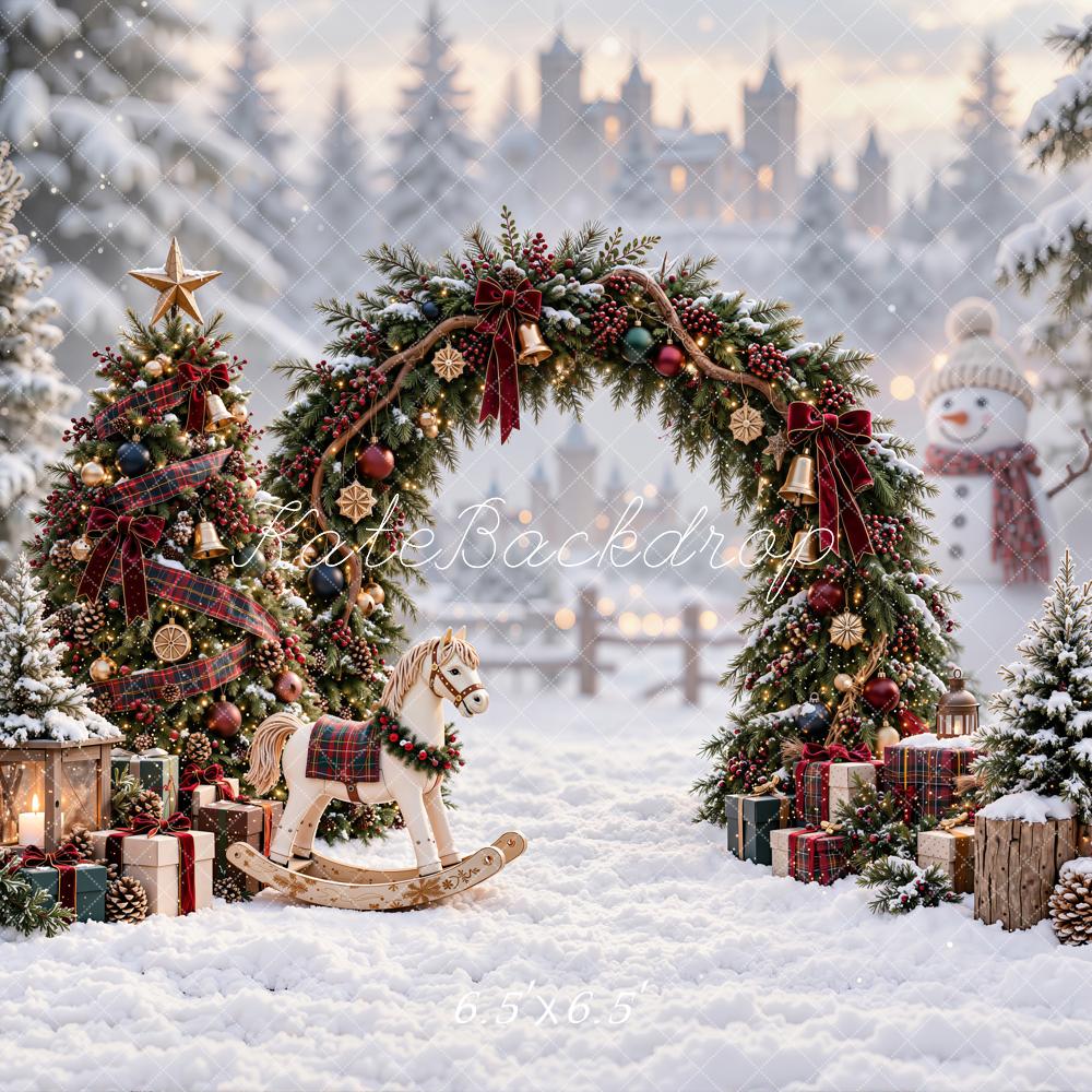 Kate Christmas Pine Arch Plaid Tree Rocking Horse Snowy Village Printed Backdrop Designed by Emetselch