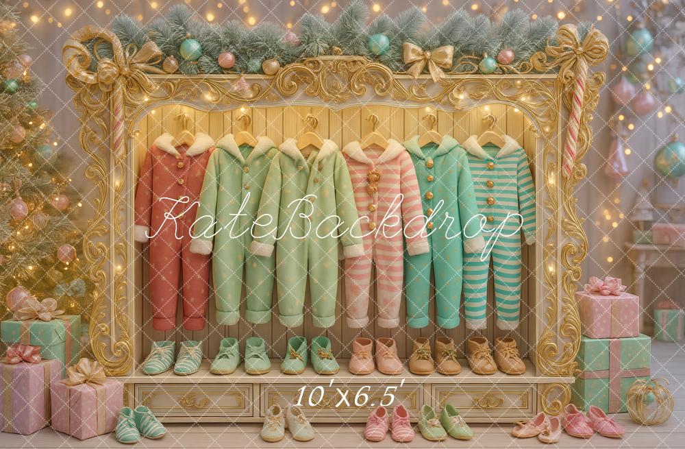 Kate Christmas Pajamas Closet Garland Lights Backdrop Designed by Ashley Paul