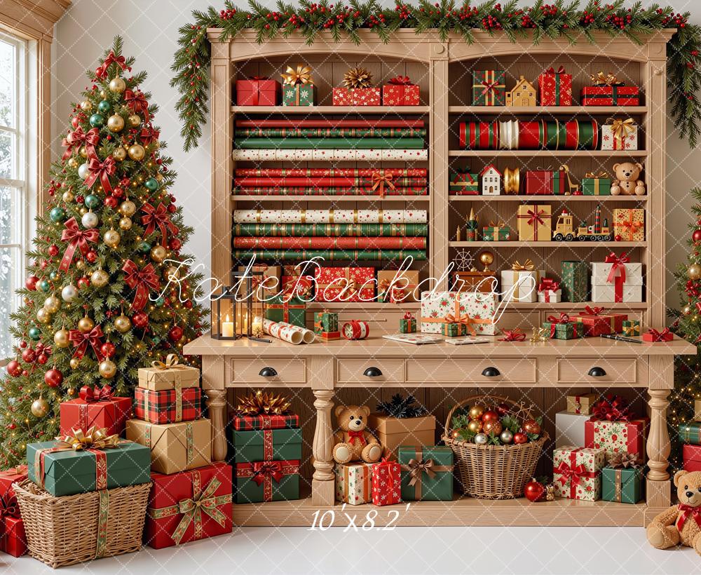 Kate Christmas Gift Wrapping Cabinet Presents Trees Printed Backdrop Designed by Shutter Swan Studios