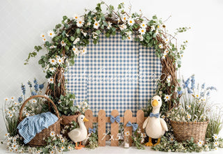 Kate Spring Flower Arch Blue Gingham Silly Goose Printed Backdrop Designed by Emetselch