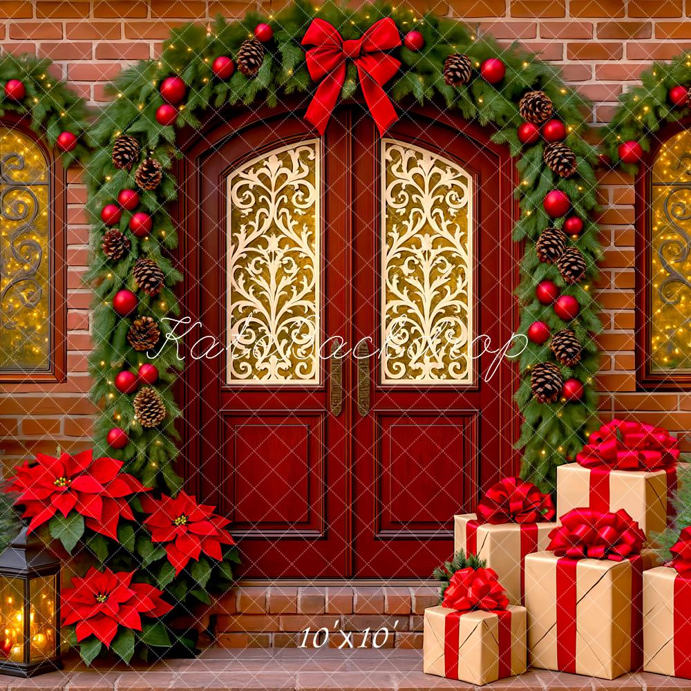 Kate Christmas Red Door Garland Gift Boxes Poinsettia Backdrop Designed by Mini MakeBelieve