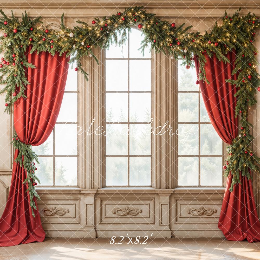 Kate Christmas Garland Window Red Curtains Backdrop Designed by Emetselch