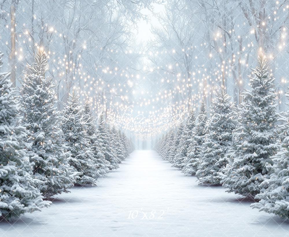 Kate Christmas Snowy Pine Trees String Lights Forest Printed Backdrop Designed by Angela Miller