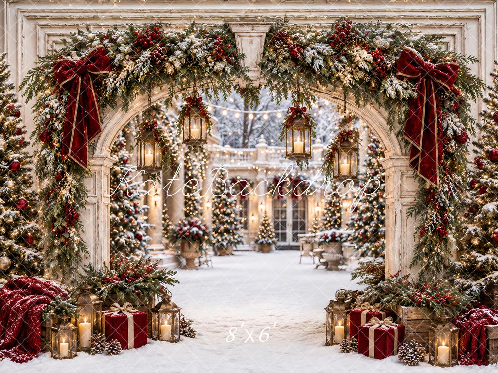 Kate Christmas White Archway Red Velvet Garland Trees Lanterns Printed Backdrop Designed by Ashley Paul
