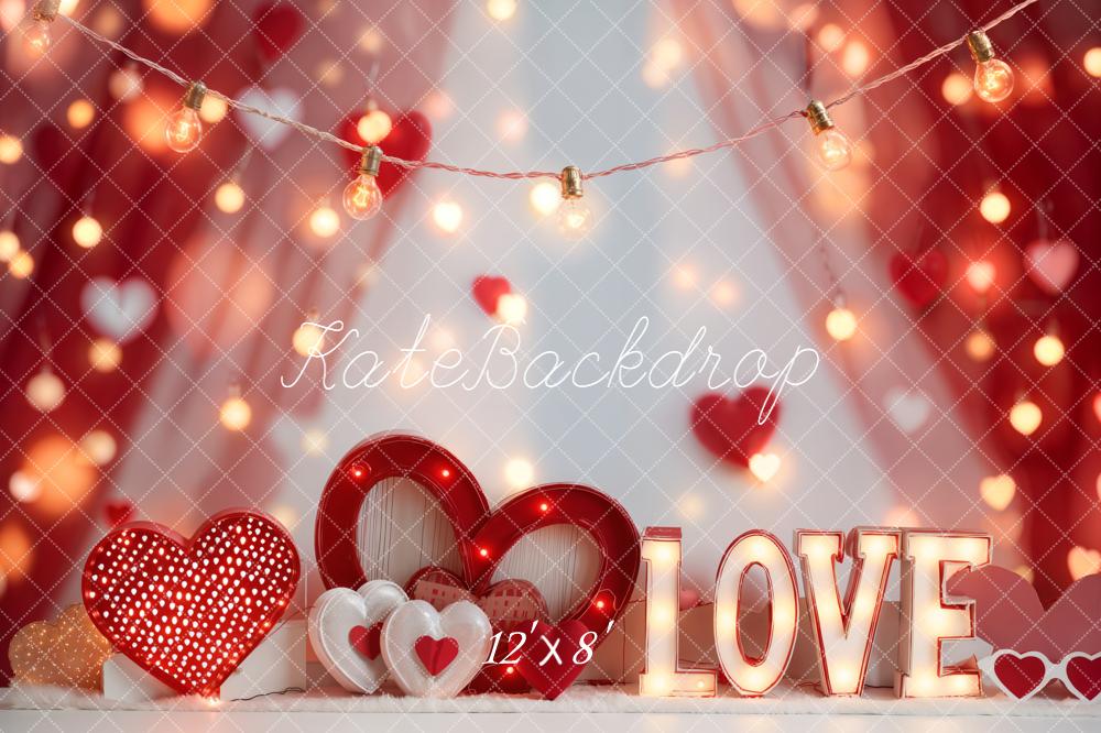 Kate Valentines Red Hearts LOVE Bokeh Lights Backdrop Designed by Emetselch