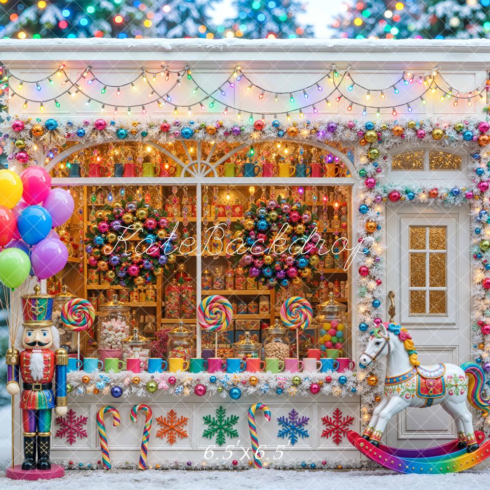 Kate Christmas Candy Shop Nutcracker Colorful Snowy Printed Backdrop Designed by Mini MakeBelieve