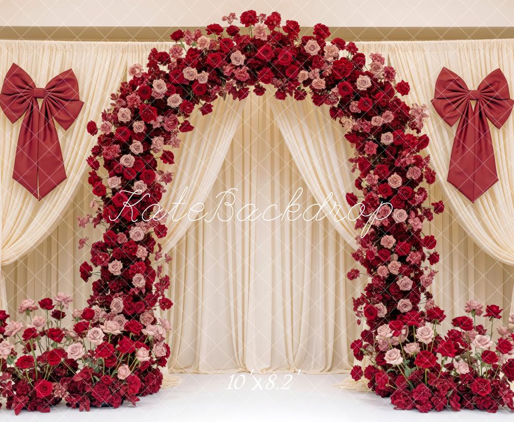 Kate Valentine's Day Flower Arch Red Bow Cream Drapes Backdrop Designed by Patty Roberts