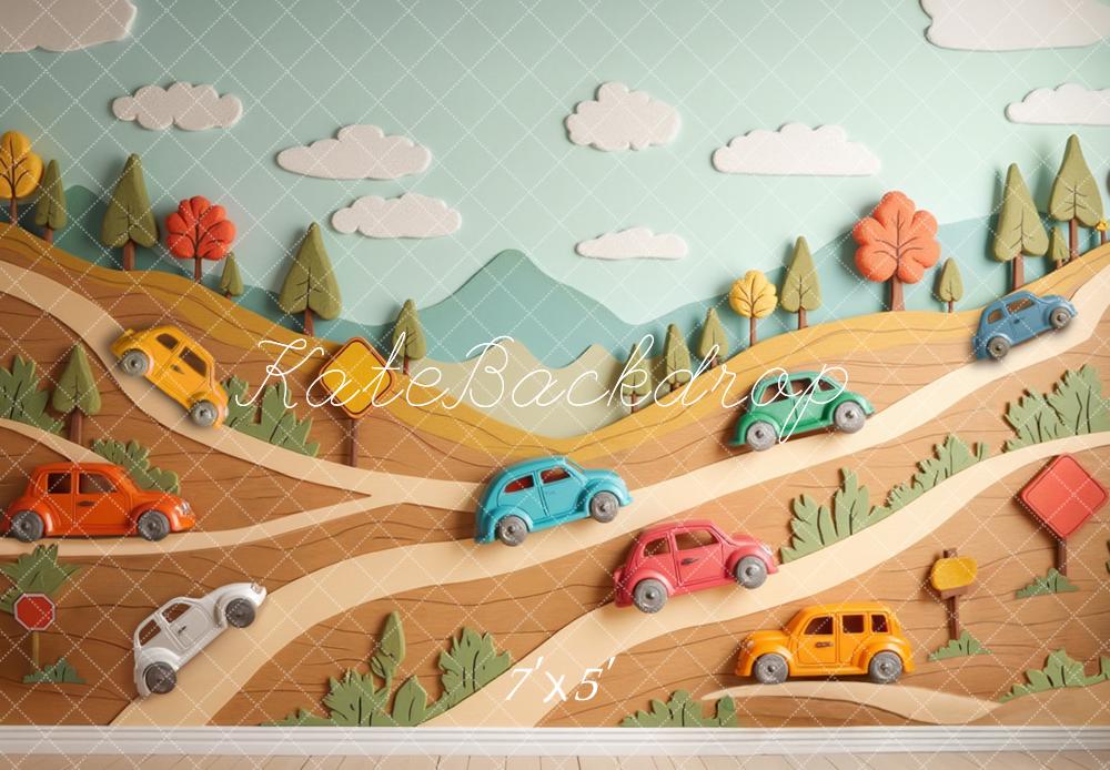 Kate Cartoon Cars Hillside Road Trees Clouds Printed Backdrop Designed by Laura Bybee