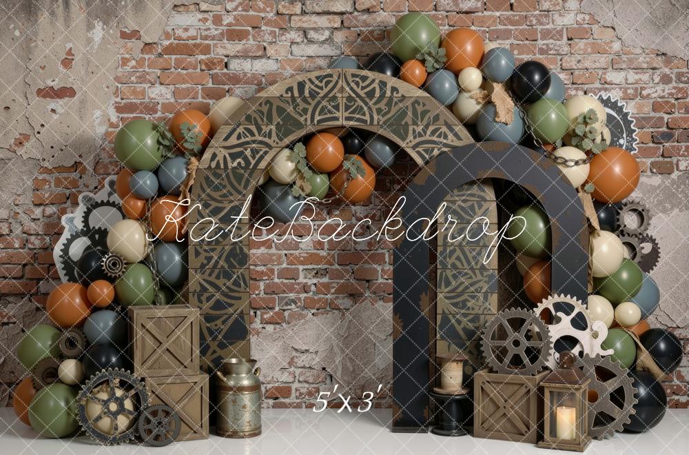 Kate Birthday Steampunk Arch Gears Balloons Brick Wall Boys Printed Backdrop Designed by Mini MakeBelieve