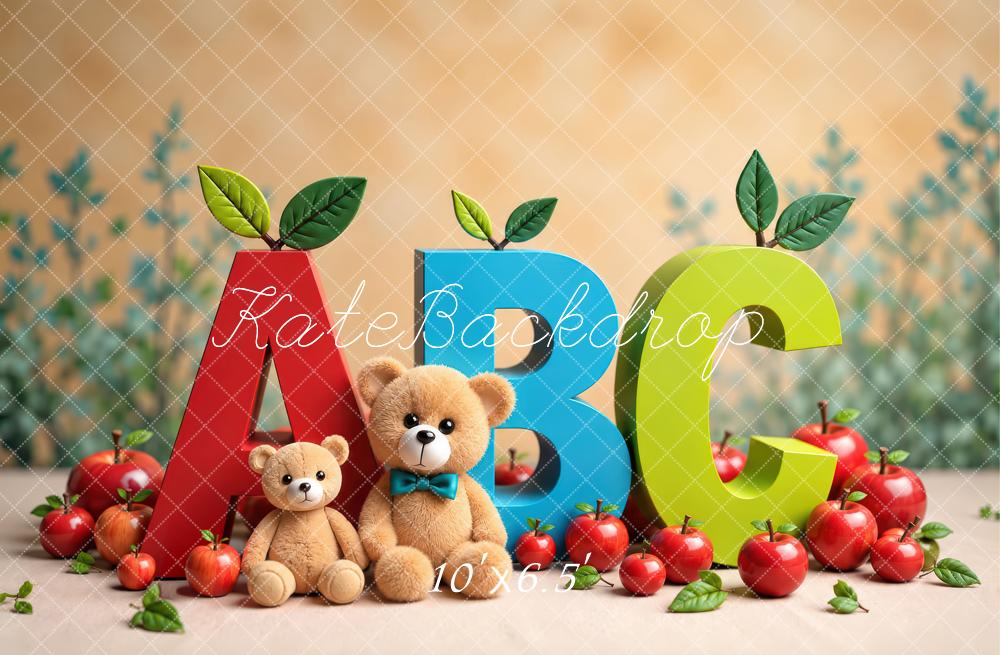 Kate Preschool Kids ABC Apple Teddy Bear Printed Backdrop Designed by Laura Bybee