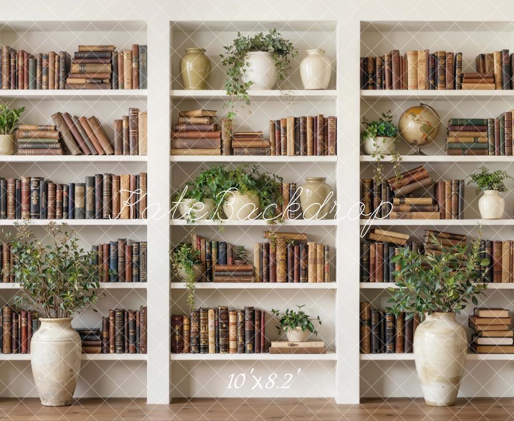 Kate Bookshelf White Shelves Books Plants Vases Printed Backdrop Designed by Emetselch