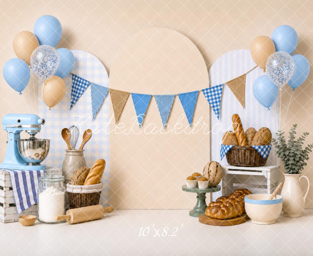 Kate Cake Smash Blue Bakery Bread Balloons Mixer Party Printed Backdrop Designed by Shutter Swan Studios