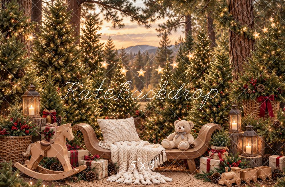 Kate Christmas Forest Cozy Rocking Horse Teddy Bear Printed Backdrop Designed by Emetselch