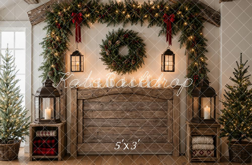 Kate Christmas Rustic Wood Headboard Garland Wreath Lanterns Printed Backdrop Designed by Emetselch