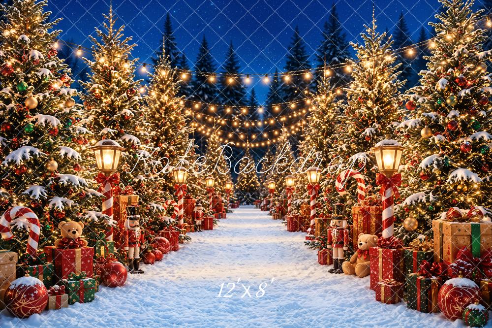 Kate Christmas Night Snowy Tree Path with Gifts and Lanterns Printed Backdrop Designed by Emetselch