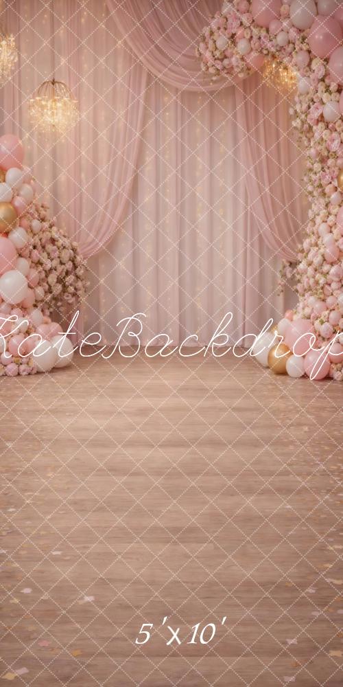 Kate Sweep Pink Flower Arch Balloons Drapes Chandelier Printed Backdrop Designed by Vertigo Productions
