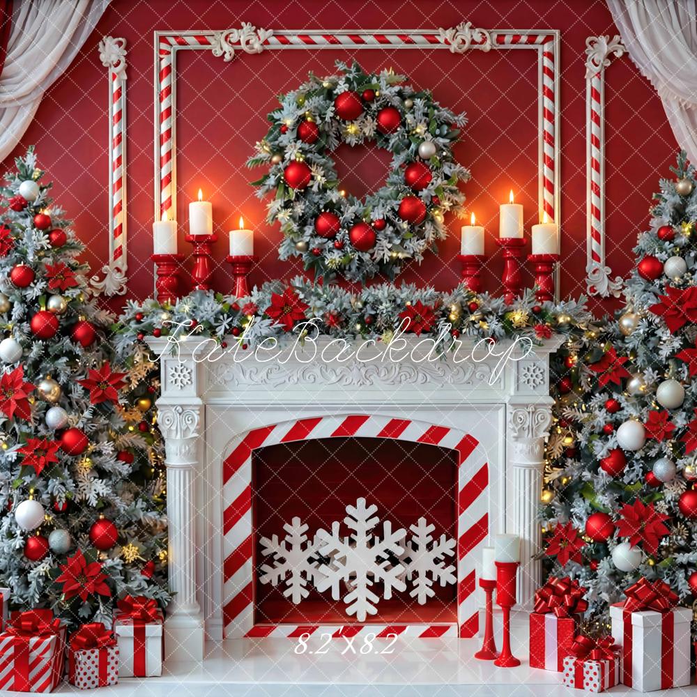 Kate Christmas Red Fireplace Snowflake Tree Wreath Gifts Curtains Printed Backdrop Designed by Mini MakeBelieve