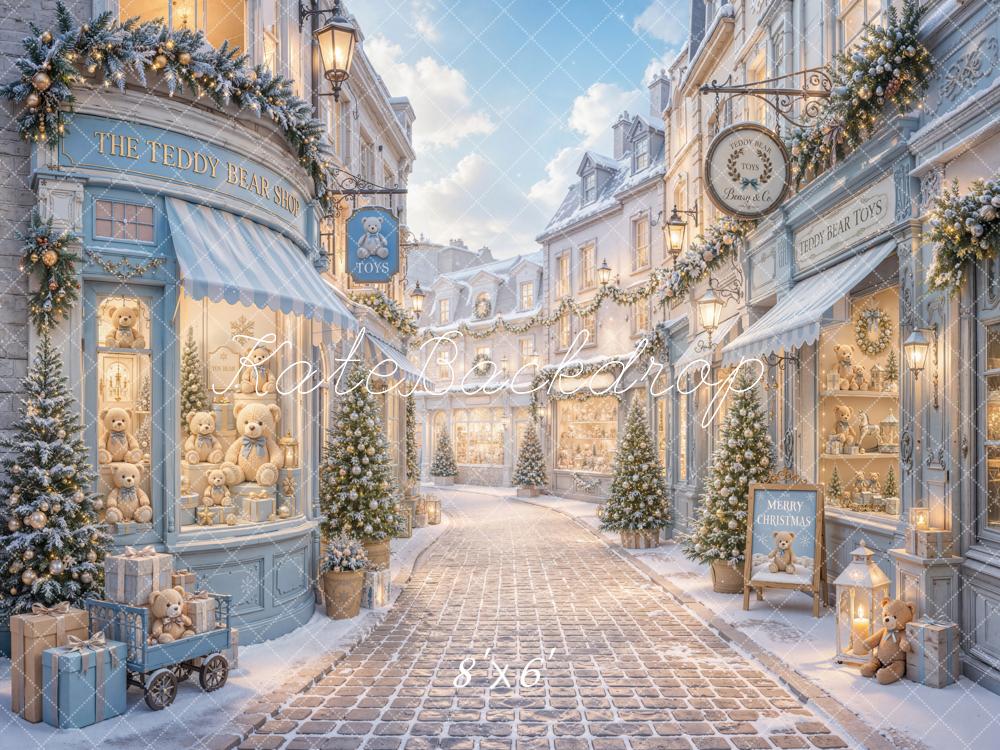Kate Christmas Blue Teddy Bear Shop Snowy Village Street Printed Backdrop Designed by Emetselch