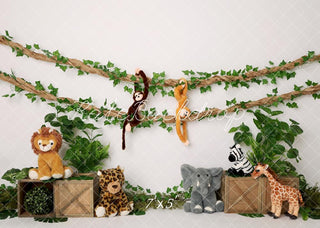 Kate Jungle Stuffed Animals Green Leaves Wooden Crates Printed Backdrop Designed by Melissa King