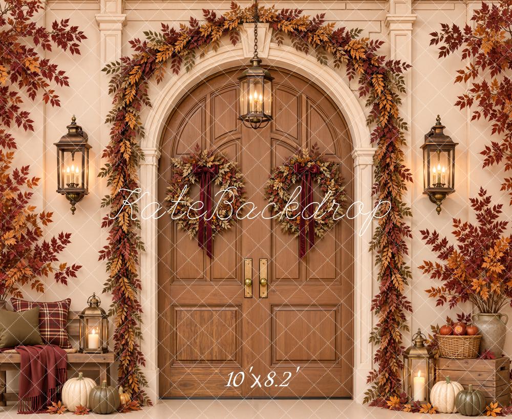 Kate Fall Arched Door Pumpkin Garland Lanterns Printed Backdrop Designed by Emetselch