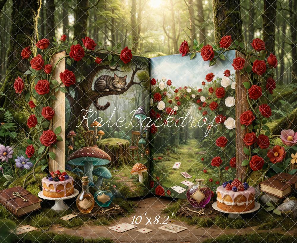 Kate Fairy Fantasy Open Book Forest Roses Mushrooms Cat Backdrop Designed by Emetselch