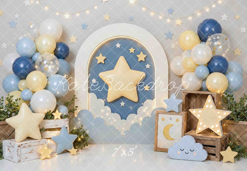 Kate Cake Smash Star Arch Balloons Clouds Blue Yellow Printed Backdrop Designed by Mini MakeBelieve