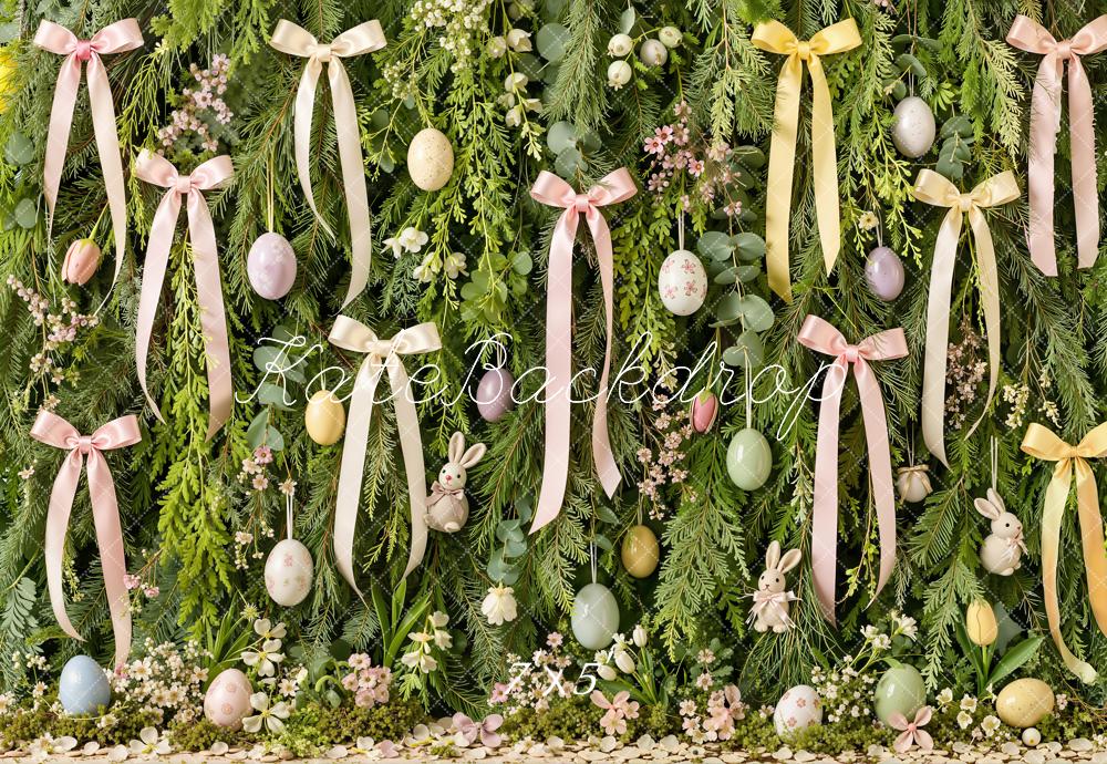 Kate Easter Bow Ribbon Bunny Floral Greenery Egg  Printed Backdrop Designed by Emetselch