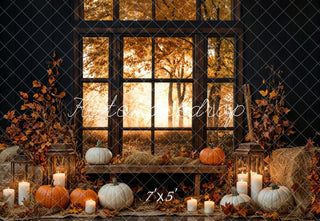 Kate Fall Pumpkin Candle Window Hay Bales Printed Backdrop Designed by Emetselch