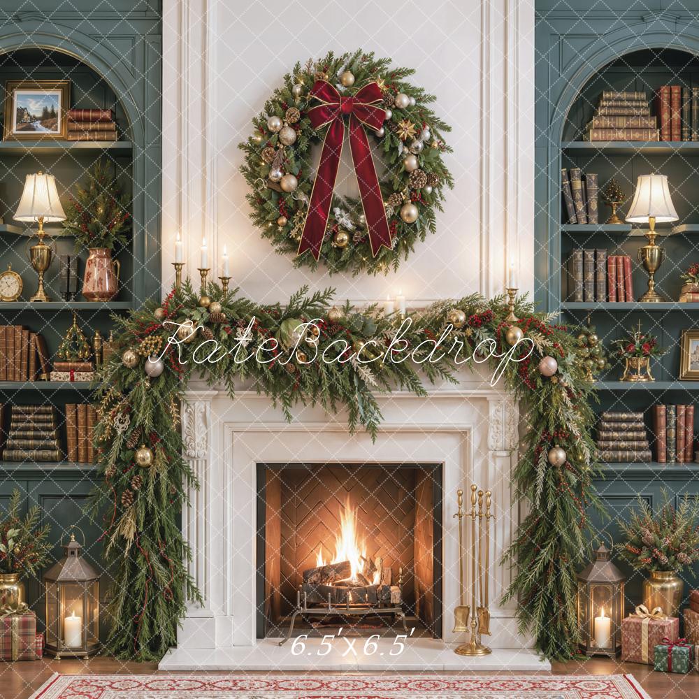 Kate Christmas Fireplace Bookshelves Wreath Gifts Printed Backdrop Designed by Emetselch