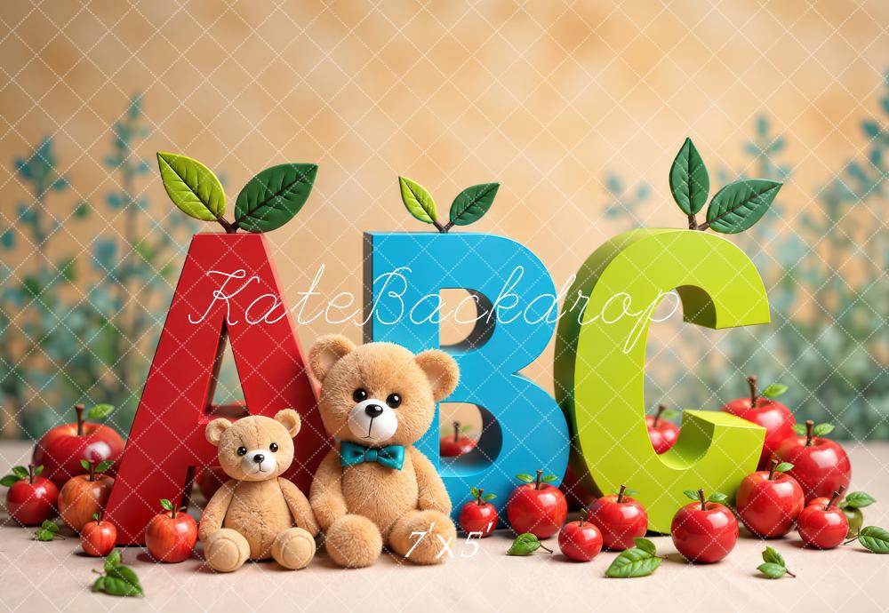 Kate Preschool Kids ABC Apple Teddy Bear Printed Backdrop Designed by Laura Bybee