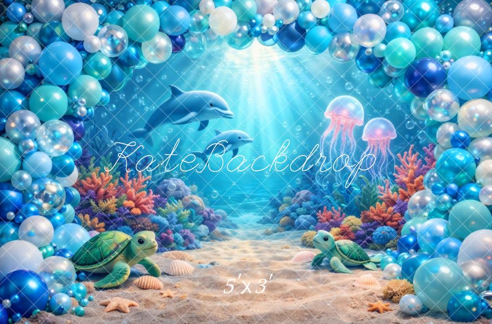 Kate Underwater Balloon Arch Turtles Dolphins Jellyfish Coral Printed Backdrop Designed by Vertigo Productions