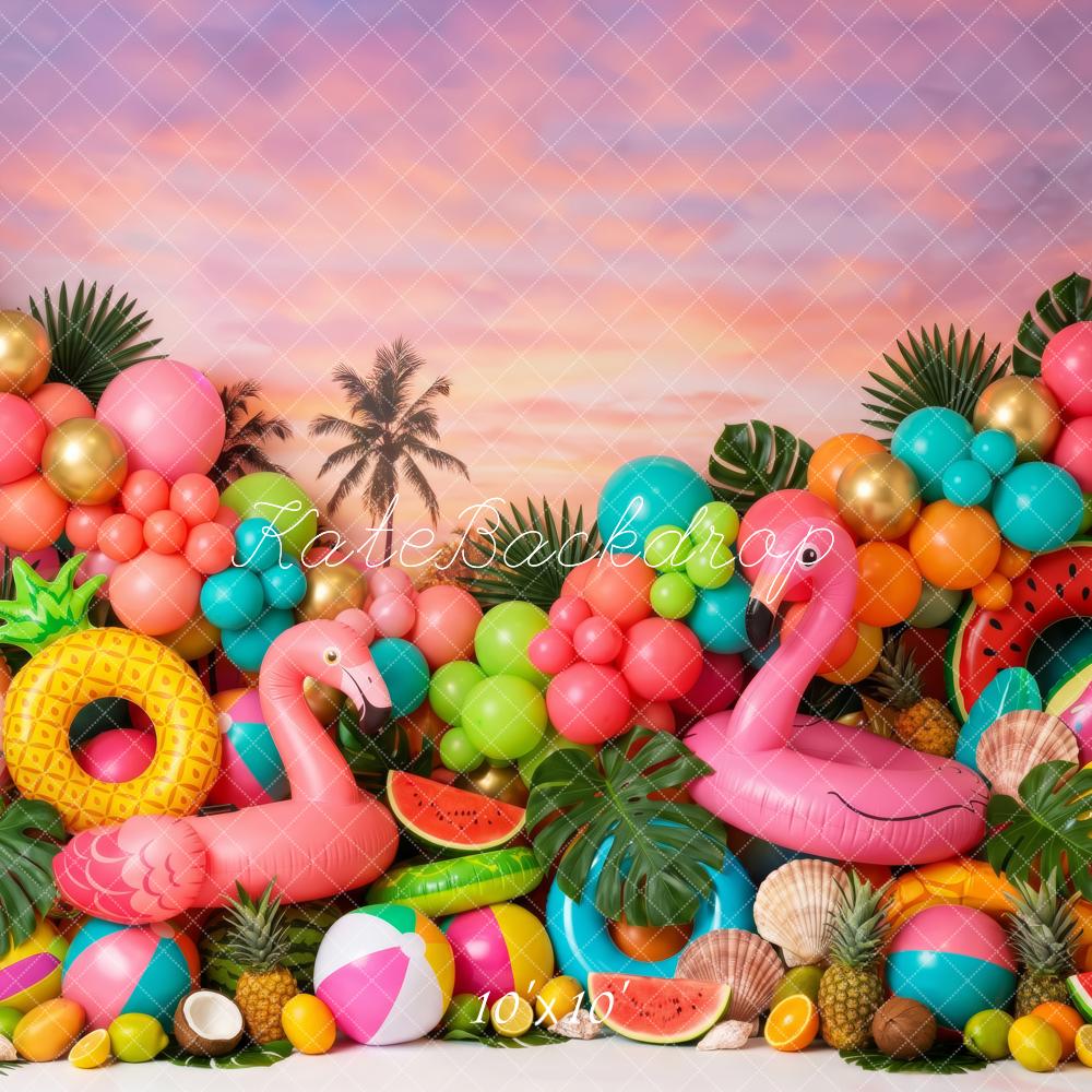 Kate Summer Vibrant Tropical Flamingo Balloons Fruit Palm Tree Sunset Printed Backdrop Designed by Patty Roberts
