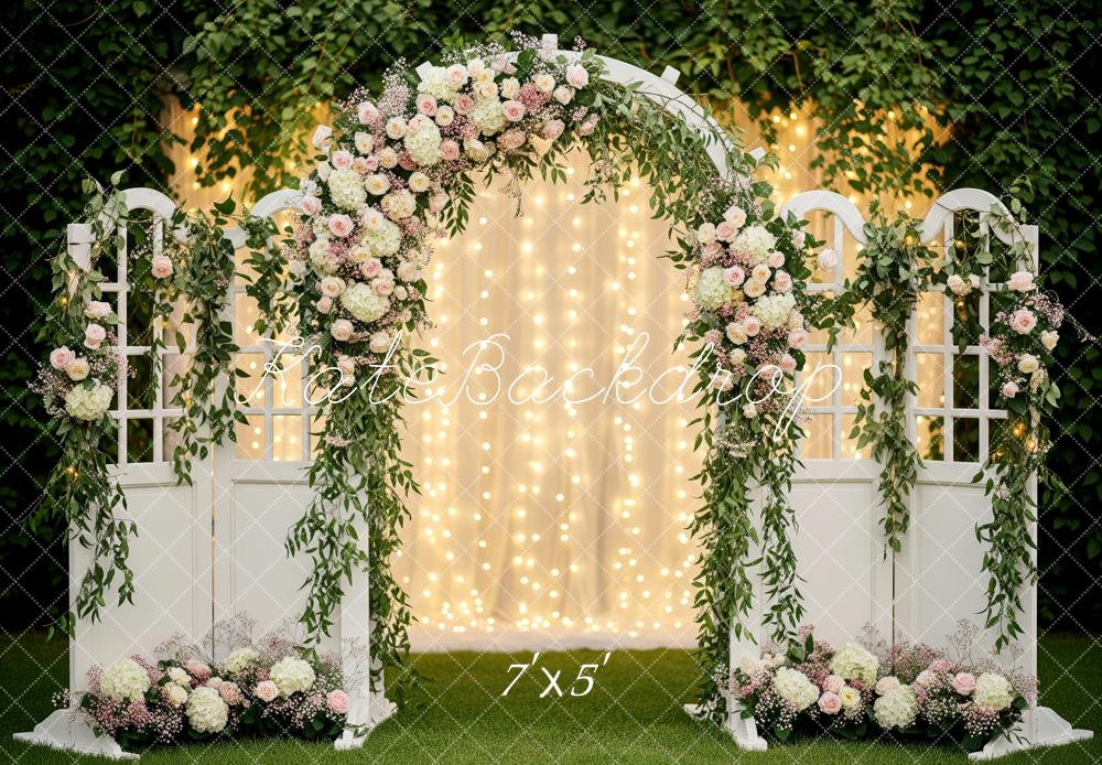 Kate Flower Arch White Gate Greenery Fairy Lights Backdrop Designed by Patty Roberts