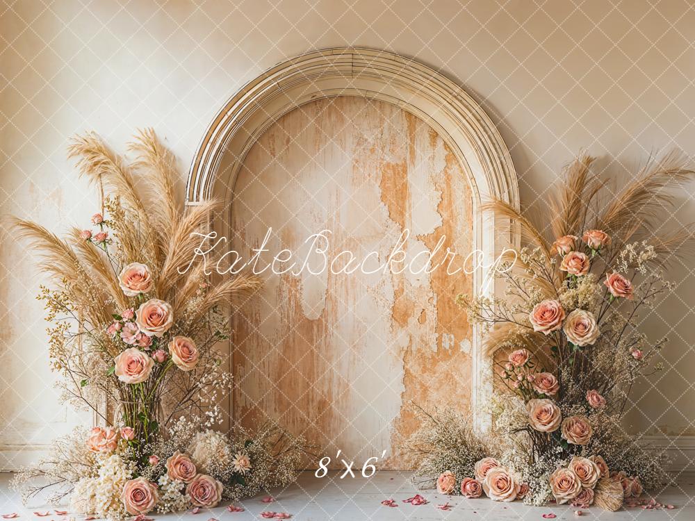Kate Boho Flower Arch Pampas Grass Beige Roses Vintage Wall Backdrop Designed by Emetselch