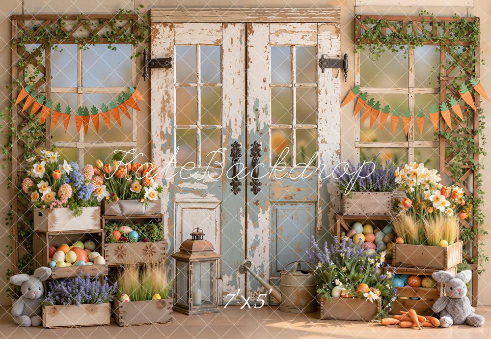 Kate Easter Rustic Wood Door Flowers Bunny Carrots Printed Backdrop Designed by Emetselch