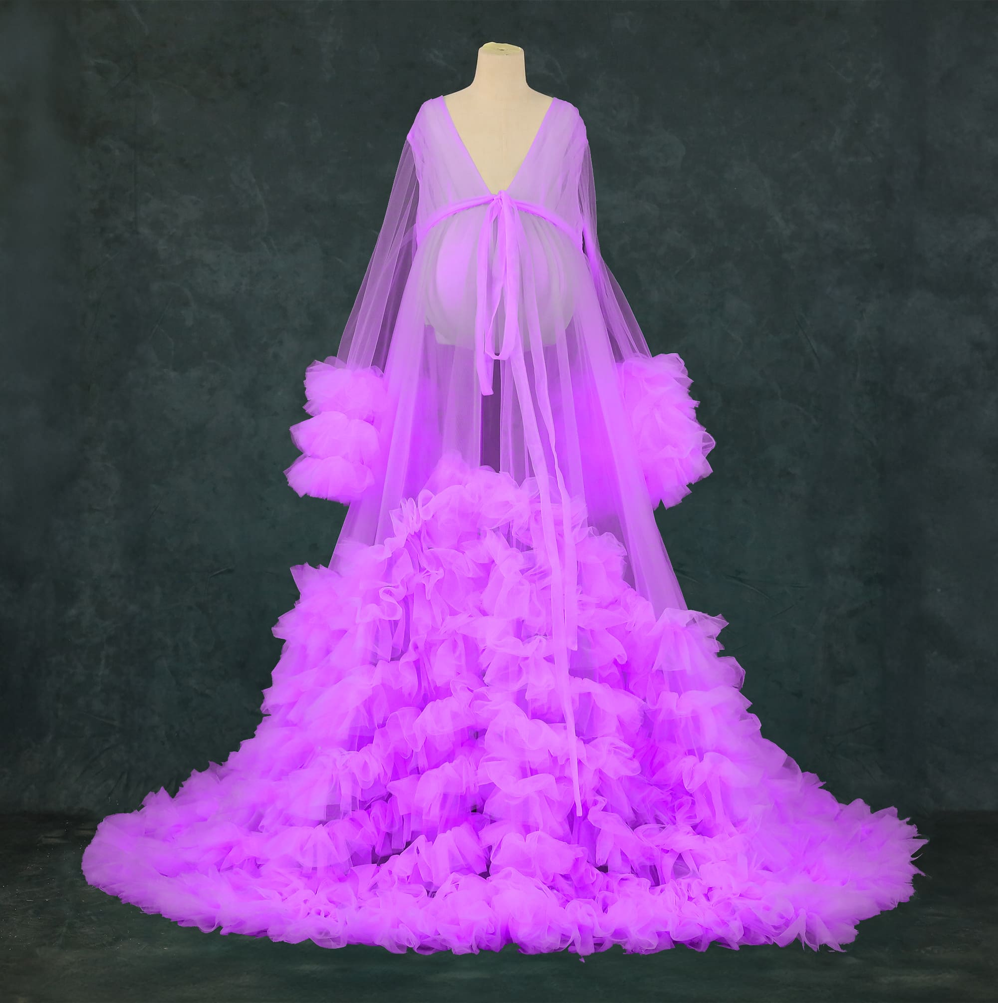 Kate Mesh V-neck Trailing Mid Sleeve Custom Maternity Photoshoot Gowns