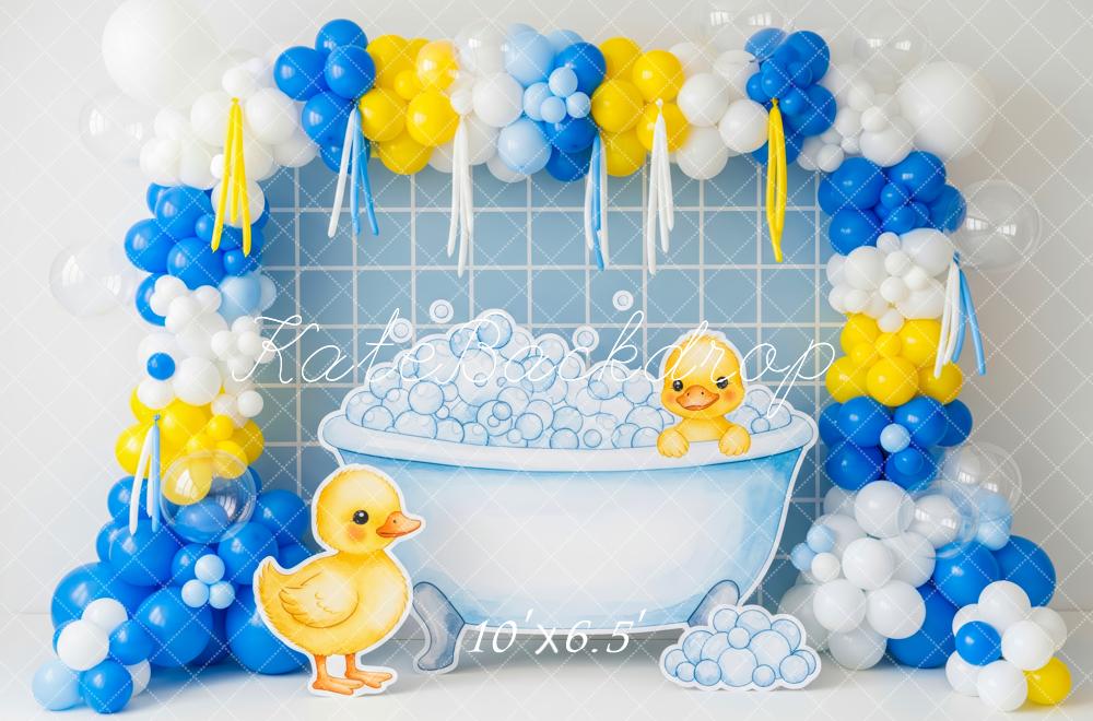 Kate Cake Smash Baby Shower Yellow Duck Bathtub Balloons Bubbles Backdrop Designed by Patty Roberts