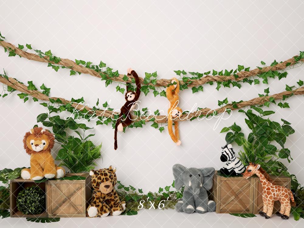 Kate Jungle Stuffed Animals Green Leaves Wooden Crates Backdrop Designed by Melissa King